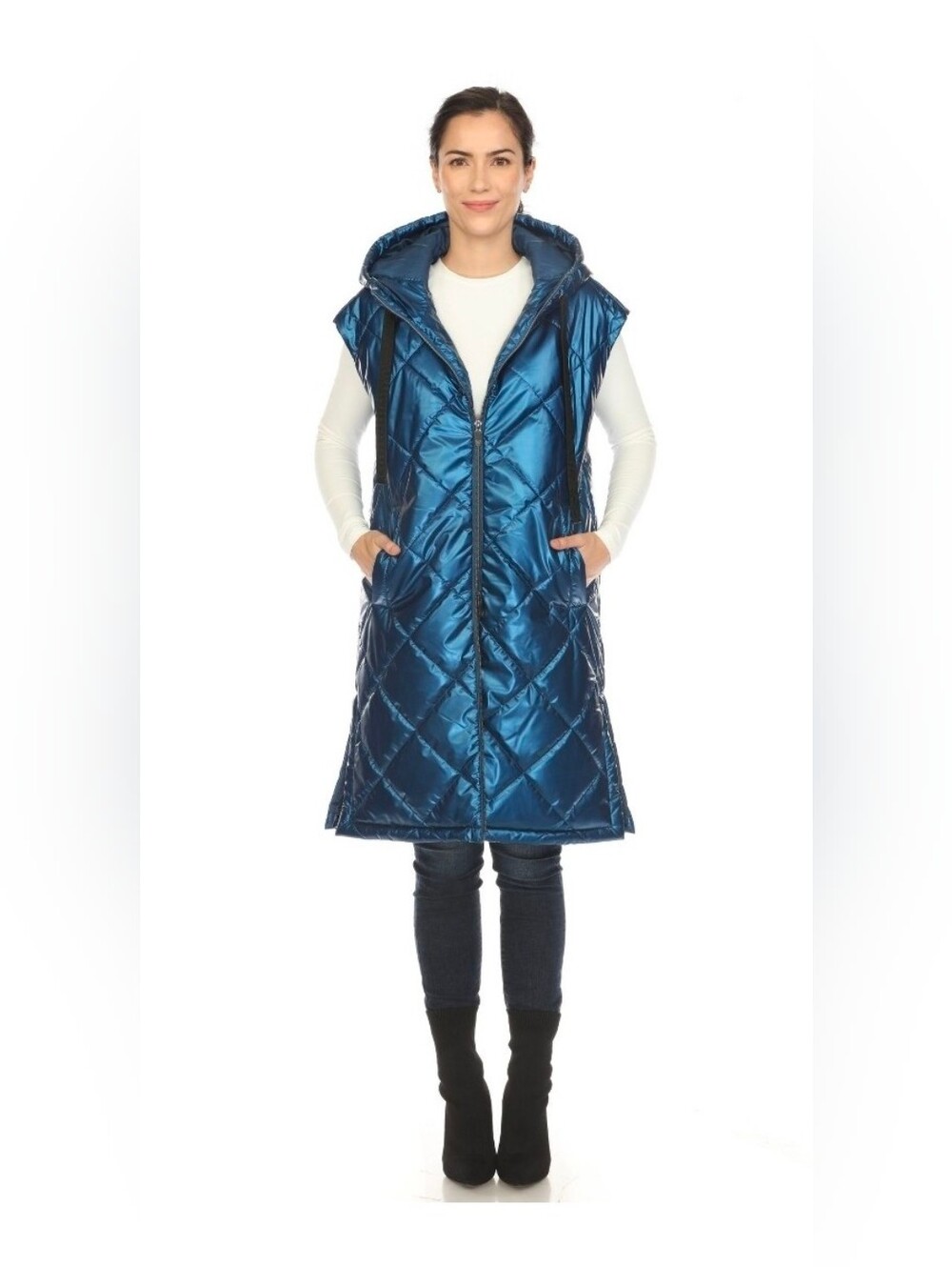 Women's White Mark Long Puffer Vest Metallic Blue Size L NWOT